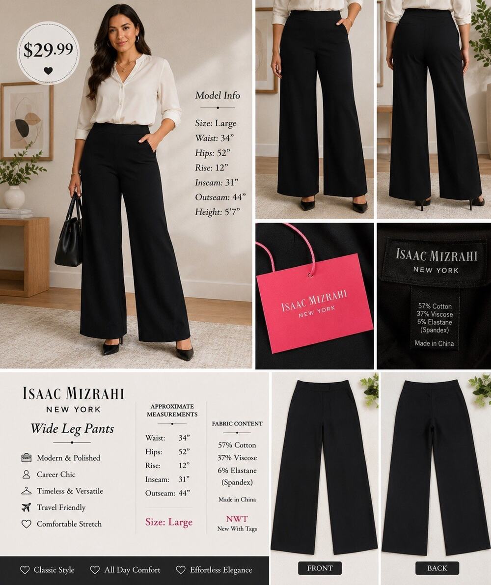 🆕Isaac Mizrahi Black Wide Leg Pull On Pants Womens Large NWT Stretch Career